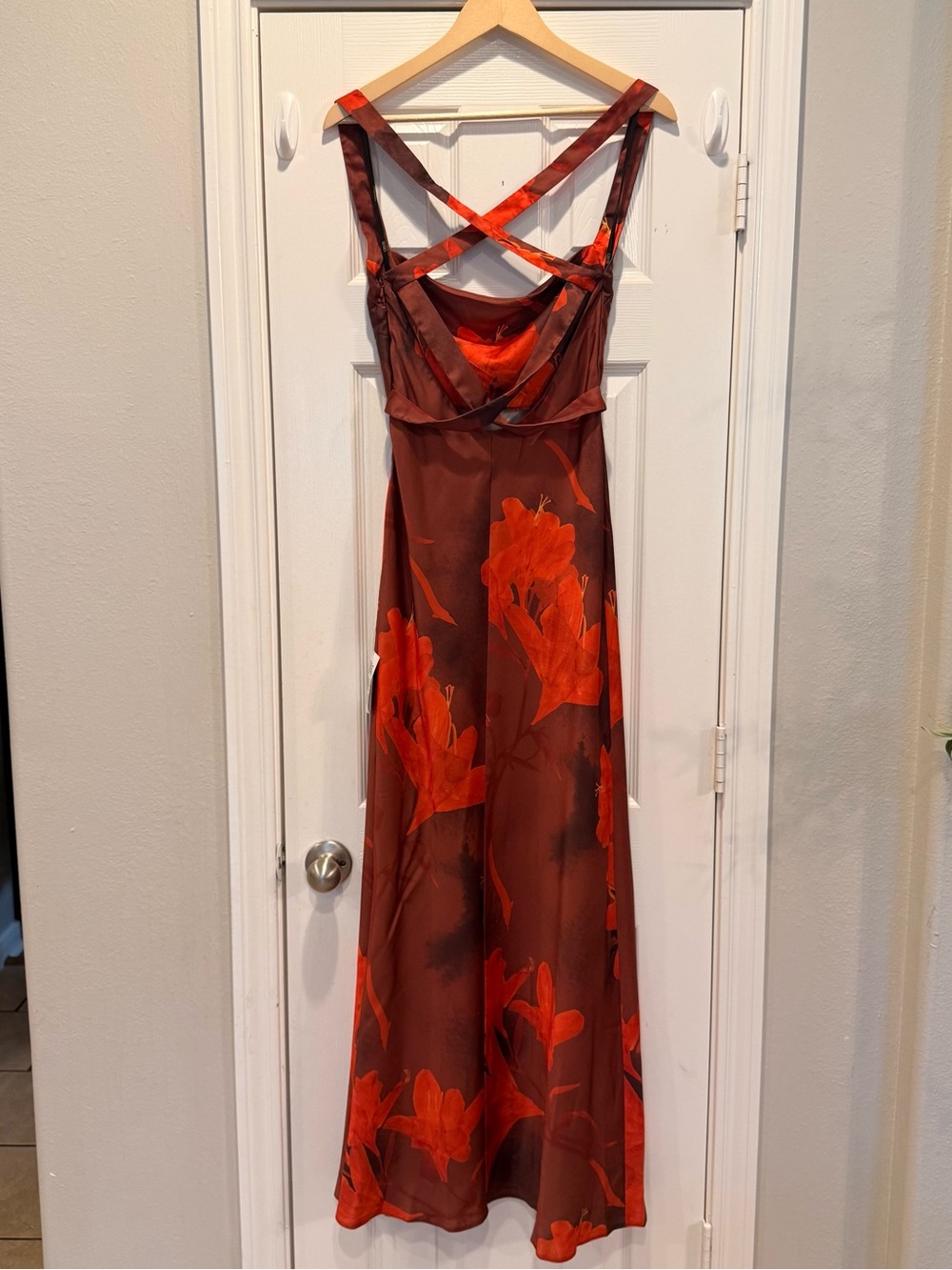 NWT ASOS Satin Slip Square Neck Cross Back Strap Maxi Dress Side Slit Floral 6 - Picture 4 of 14